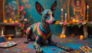 ontdek thepaintedxola, de naakte mexicaanse hond geschilderd in de levendige stijl van 'de dag van de doden'. duik in de fascinerende wereld van deze kunst en de bijbehorende controverse rond artistiek grooming.